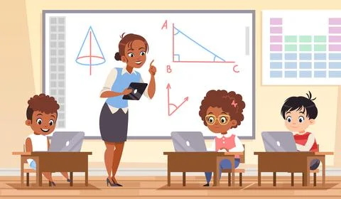 Children in classroom. Teaching with digital gadgets, kids use laptops in school Stockillustratie