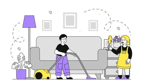 Children clean up room vector linear 스톡 일러스트