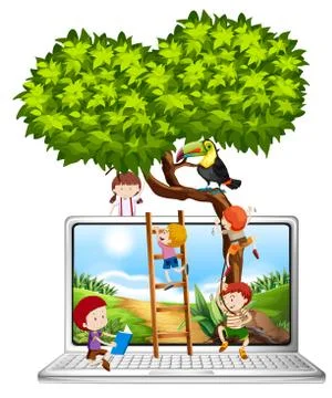 Children climbing tree on computer screen Illustrazione stock