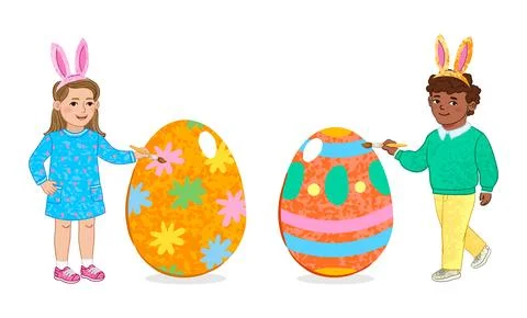 Children Coloring Easter Eggs Stock Illustration