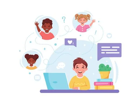 Children communicating online. Video call with friends, chatting online イラスト素材