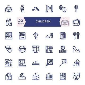 Children Comprehensive Vector Bundle with 32 PIXEL Perfect Bold Line 256x25.. Stock Illustration
