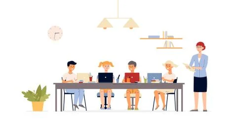 Children computer class in school scene flat vector illustration isolated. Stock Illustration