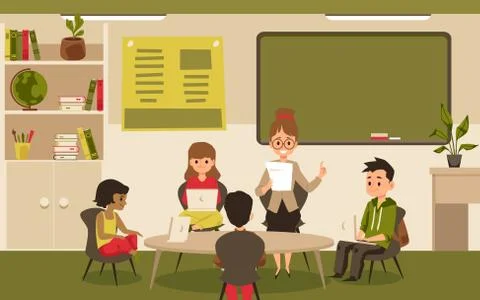 Children computer lesson with kids using laptops flat vector illustration. Stock Illustration