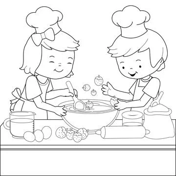 Children cooking in the kitchen at home. Vector black and white coloring page. Stock Illustration