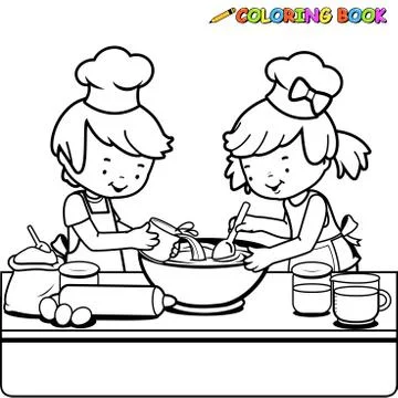 Children cooking in the kitchen. Vector black and white coloring page Stock Illustration