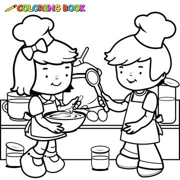 Children cooking in the kitchen. Vector black and white coloring page. Stock Illustration