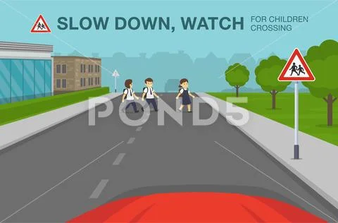 Children crossing ahead warning road sign. School children crossing the road. Stock Illustration