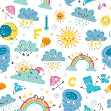 Children cute weather seamless pattern. A vector Stock Illustration