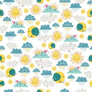 Children cute weather seamless pattern. A vector Stock Illustration