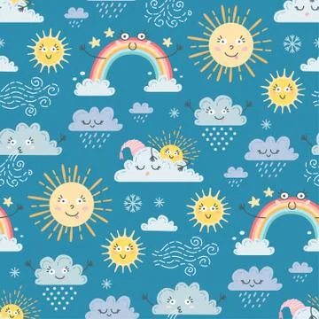Children cute weather seamless pattern. A vector Stock Illustration