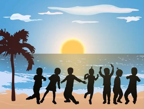 Children dancing on the beach Stock Illustration