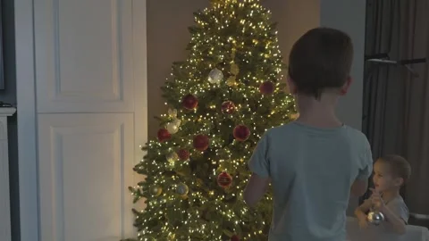 Children Decorating Christmas Tree Evening Scene Family Holiday Activity With Stock Footage 344881526