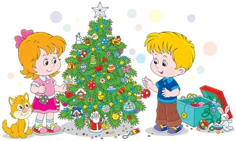Children decorating a Christmas tree Stock Illustration