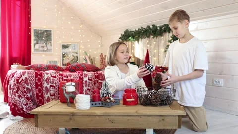 Children decorating Christmas tree, Merry Christmas and New Year Holidays. Stock Footage 164915367