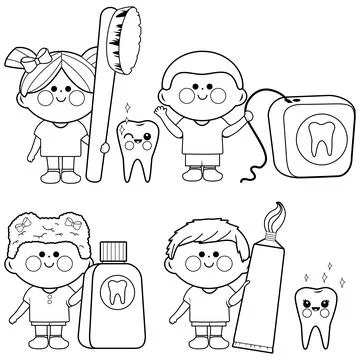 Children dental hygiene collection. Vector black and white coloring page. Stock Illustration