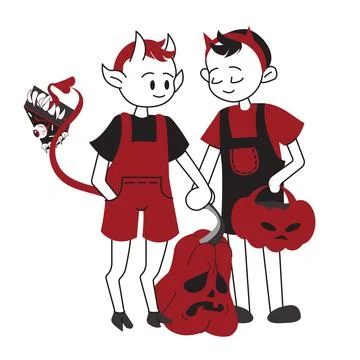 Children in devil costumes with pumpkins and toothy cake. Concept of tradit.. Stock Illustration