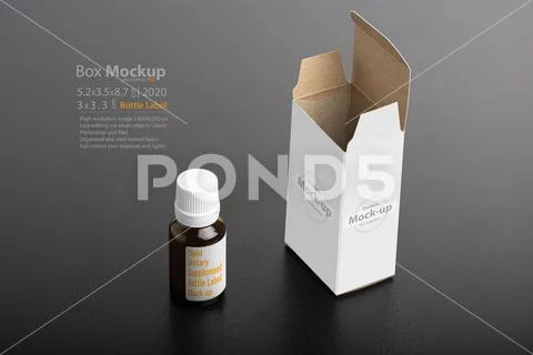 Children dietary supplement glass bottle with package on dark background mock PSD Template