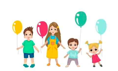 Children of different ages with balloons. Vector characters. Stock Illustration