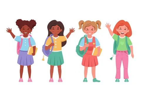 Children of different nationalities with backpack and books Stockillustratie