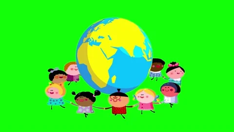 Children different nations dancing around rotating earth green screen Stock Footage 237014381
