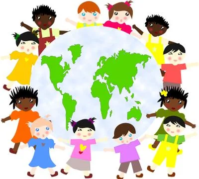 Children of different races around the map of our planet green Ilustración de archivo