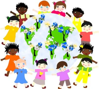 Children of different races around the map of our green planet with flowering Stock Illustration