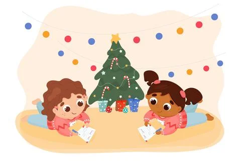 Children of different races write a letter to Santa Claus for Christmas together Stock Illustration