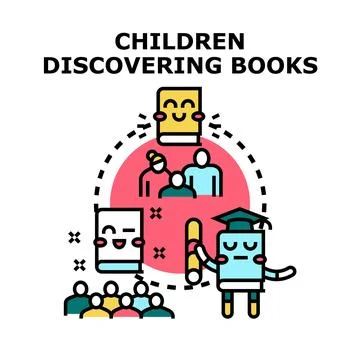 Children discovering books concept, learning education and growing knowledge Illustrazione stock