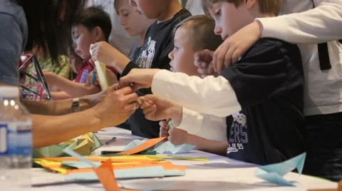 Children discovering mathematical principles at a science fair. Stock Footage 50032142