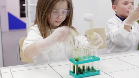 Children do an experiment in a chemistry lesson. Stock Footage 86501548