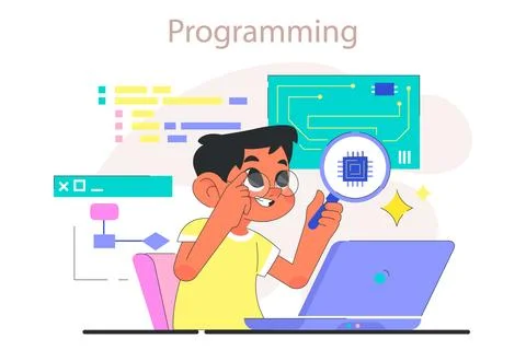 Children do programming. Computer science, AI, game technologies Illustrazione stock