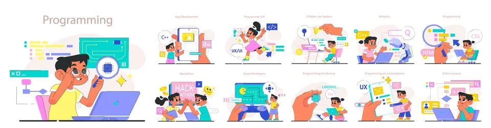 Children do programming set. Computer science, AI, game technologies Illustrazione stock