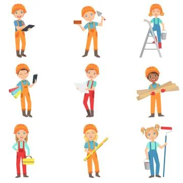 Children Doing Construction Work Set Stock Illustration