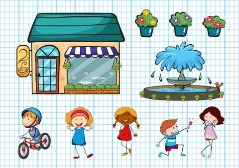 Children doing different activities and cafe Stock Illustration
