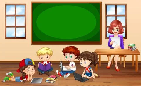 Children doing groupwork in classroom Stock Illustration