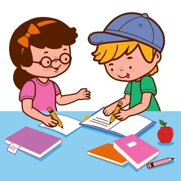 Children doing their homework on a desk. Vector Illustration Stock Illustration