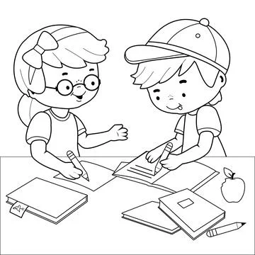Children doing their homework on a desk. Vector black and white coloring page Stock Illustration