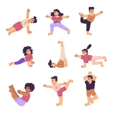 Children Doing Yoga Exercise Standing in Asana Vector Set Stock Illustration