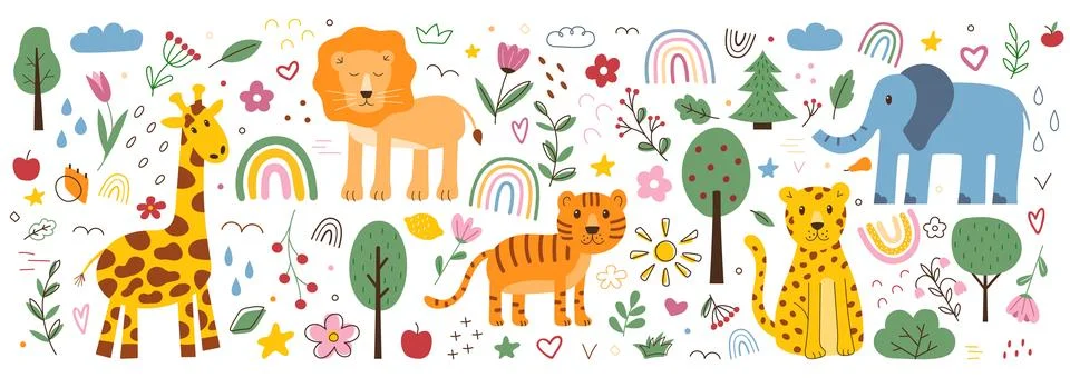 Children doodle pattern. Animals and flower plants. Childish tiger. Geometric Illustrazione stock