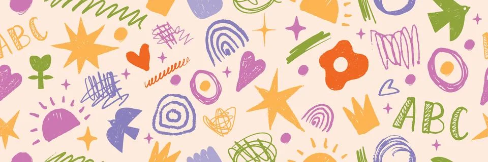 Children doodle seamless pattern, cute childish vector background print 스톡 일러스트