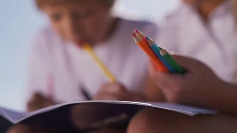 Children draw with pencils close-up Stock Footage 80839253