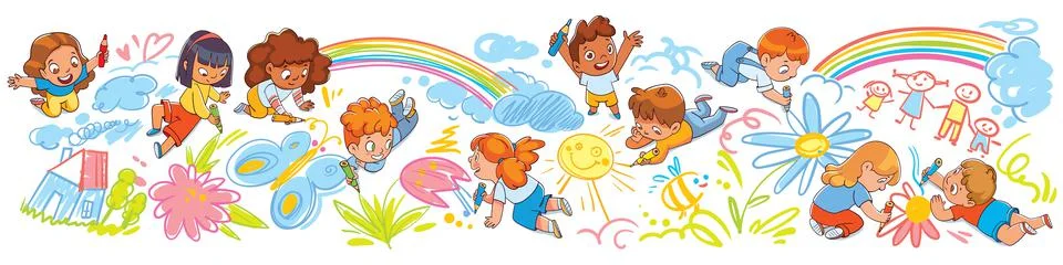 Children draw scribbles on the floor and wall with colored crayons Stock Illustration