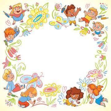 Children draw scribbles on the floor with colored crayons. Kids template for  Stock Illustration