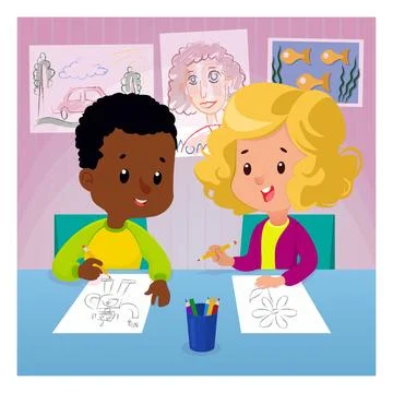 Children draw at the table with colored pencils. Drawing lesson with boy an.. Stock Illustration