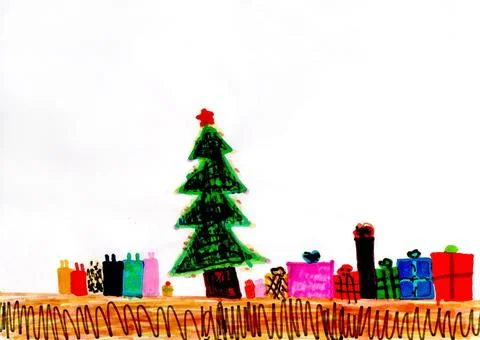 Children drawing of alone Christmas tree and lots of gifts. New Year holiday Stock Illustration