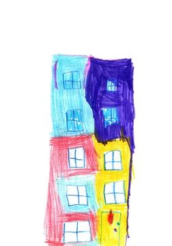 Children drawing of a colored multi-storey building Ilustración de archivo