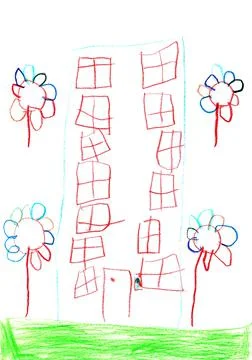 Children drawing of a colored multi-storey building Ilustración de archivo