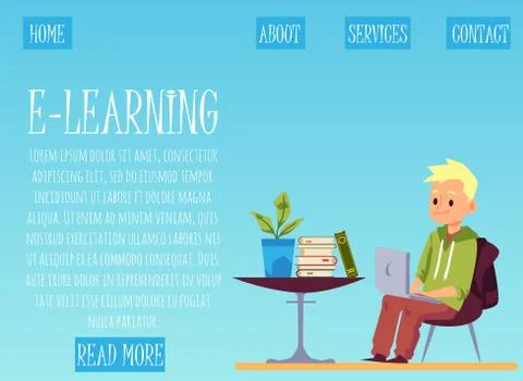 Children e-learning website with boy holding laptop, flat vector illustration. Stock Illustration