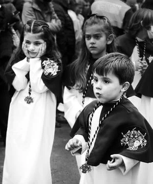 Children on Easter Parade in procession of Holy Week in Elche, Spain Stock Photos